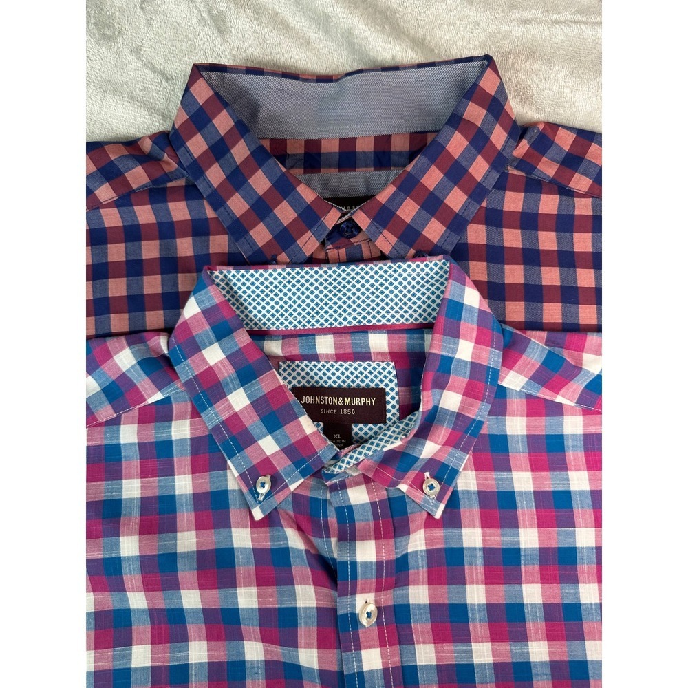 Lot 2 Johnston Murphy Shirts Mens Xl Blue Red Plaid Button Down Long Sleeve Prep